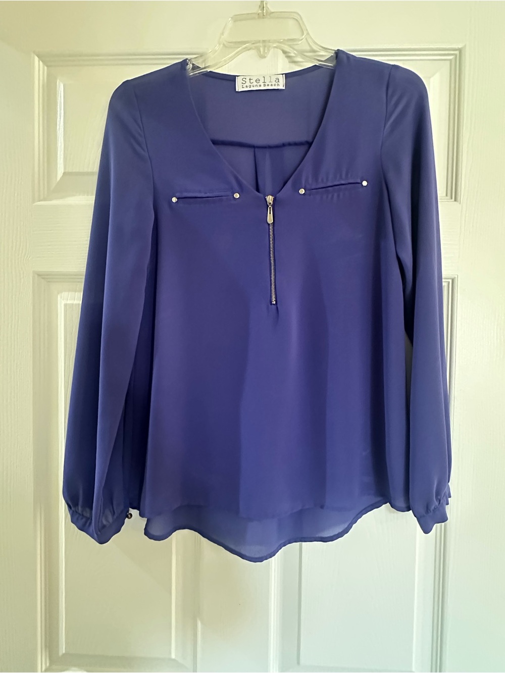 Stellah Deep Purple Long-Sleeve Zip Front Blouse